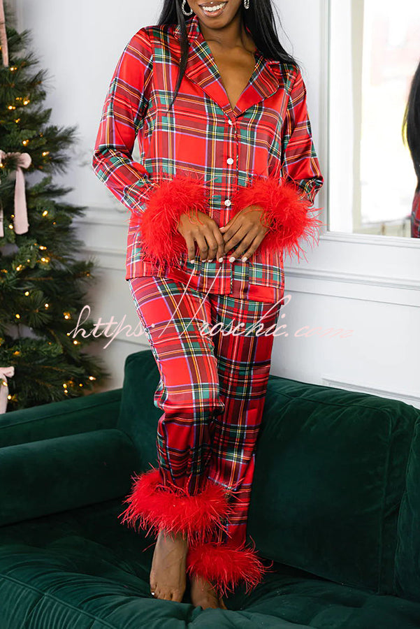 Cherrie - Weihnachten Besties Party gedruckt Feder Trim elastische Taille Pocketed Pyjama Set