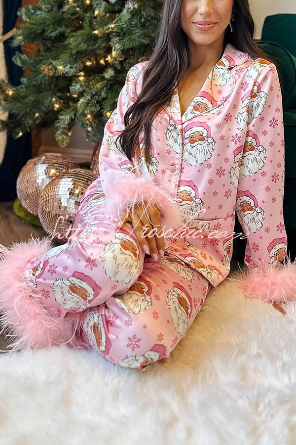 Cherrie - Weihnachten Besties Party gedruckt Feder Trim elastische Taille Pocketed Pyjama Set