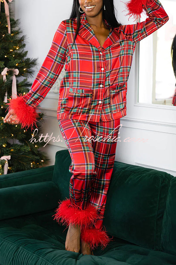 Cherrie - Weihnachten Besties Party gedruckt Feder Trim elastische Taille Pocketed Pyjama Set