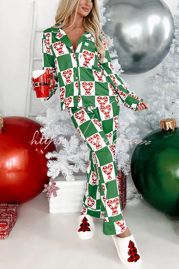 Chenna - Am Weihnachtsmorgen Zuckerstange gedruckt Elastische Taille Pocketed Pyjama Set