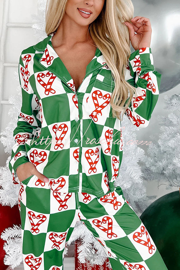 Chenna - Am Weihnachtsmorgen Zuckerstange gedruckt Elastische Taille Pocketed Pyjama Set