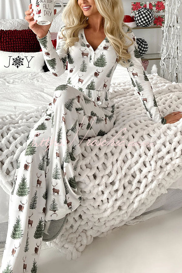 Ella - Start Das Festival Baum Elch Druck Rippenelastischer Taillenbund Lounge Pyjama Set