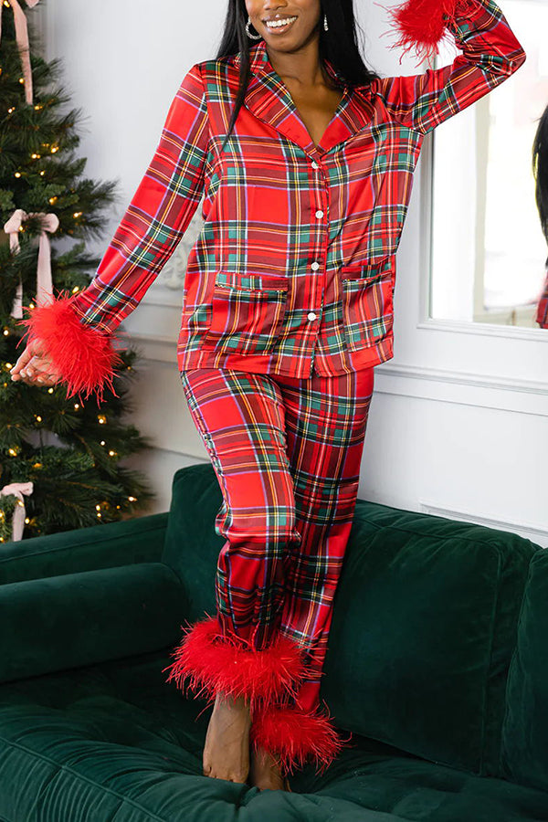 Cherrie - Weihnachten Besties Party gedruckt Feder Trim elastische Taille Pocketed Pyjama Set